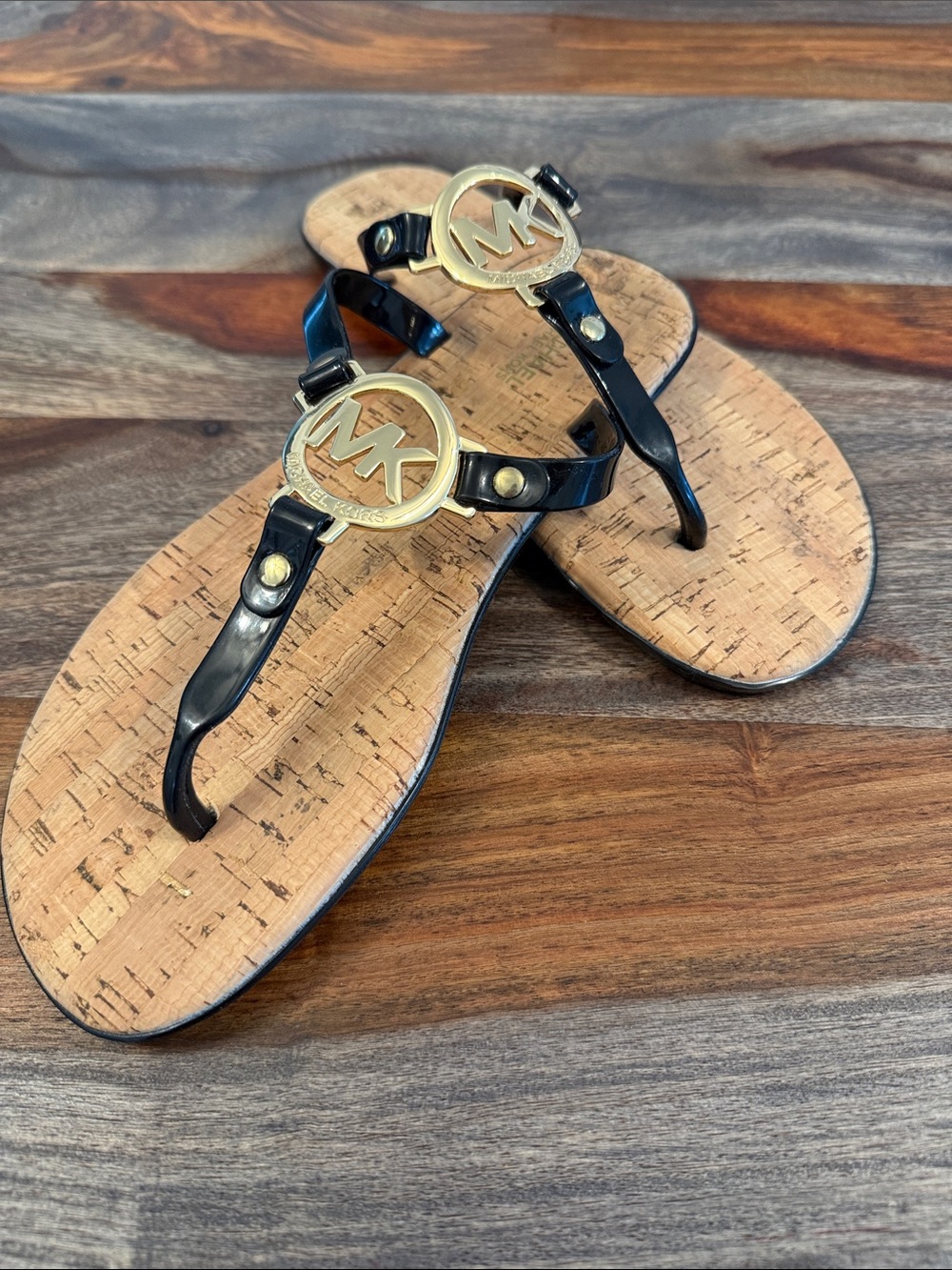 Michael Kors Black and Gold Cork-Style Logo Thong Sandals